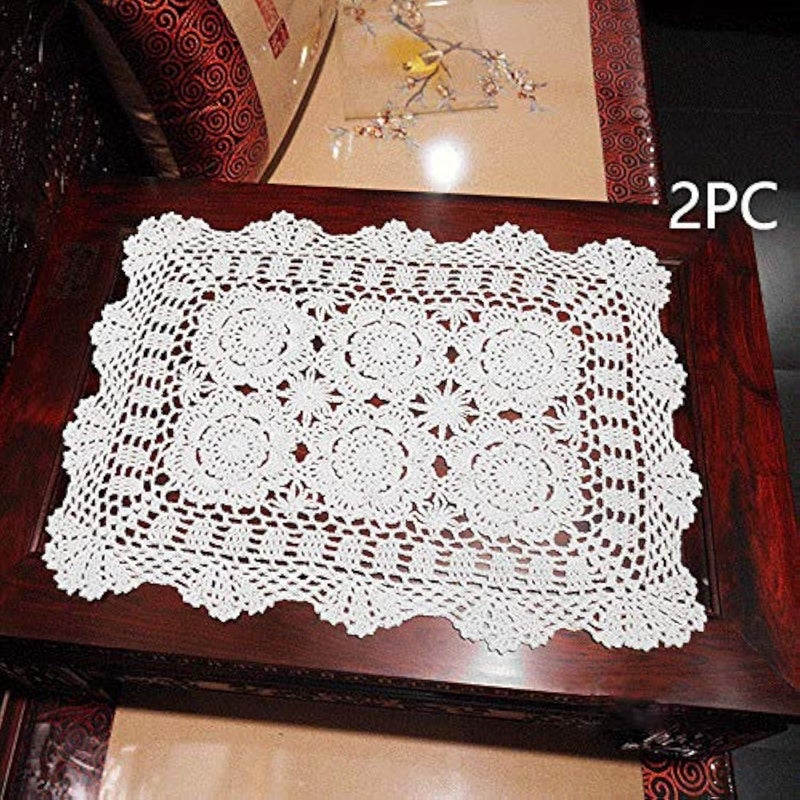 Damanni 16 Inch by 19 Inch Rectangular Cotton Handmade Crochet Lace Table Runner Doilies for Coffee Table Dresser Scarf DÃ©corï¼Œ2PC/Set (16x19 Inch, White) - Image 1